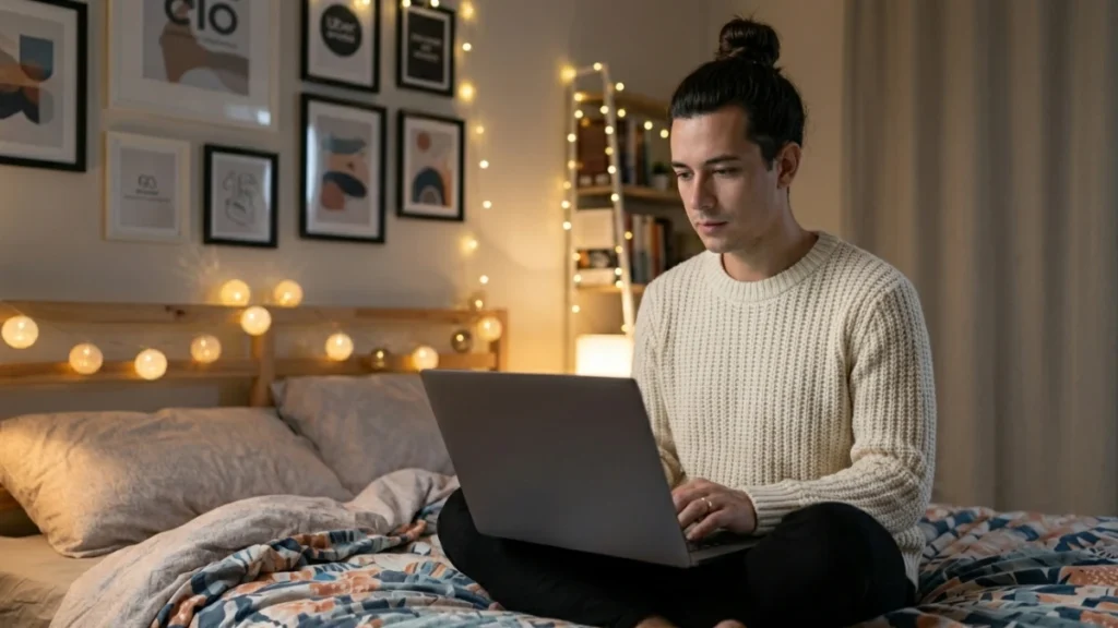 Seorang pemuda duduk bersila di kasur dengan laptop menampilkan kode, menggambarkan suasana belajar kursus coding gratis pemula yang santai namun fokus.