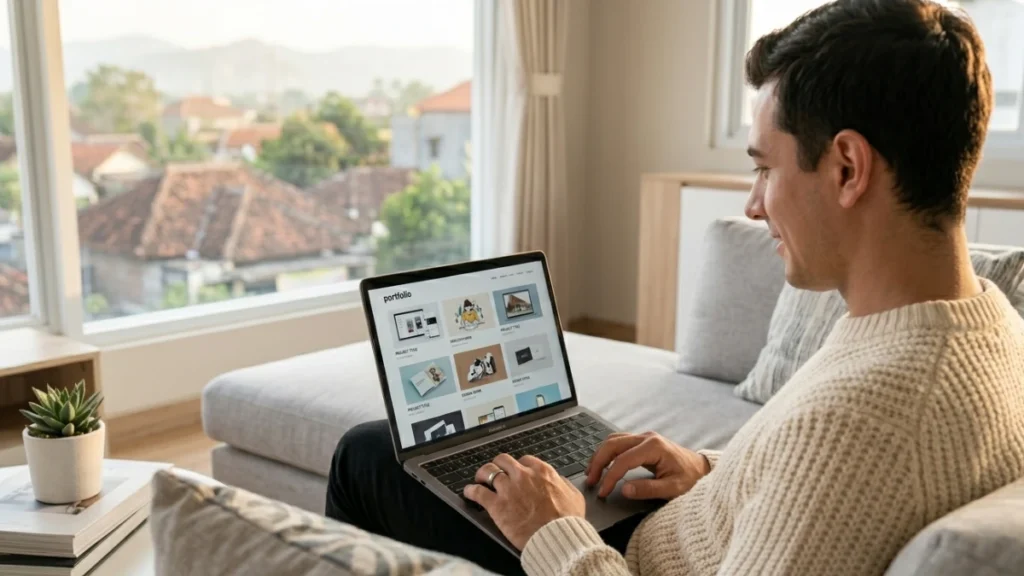 Seorang pemuda melihat portfolio di laptop sambil duduk santai di sofa apartemen modern yang terang saat mencari cara masuk kerja IT tanpa gelar.