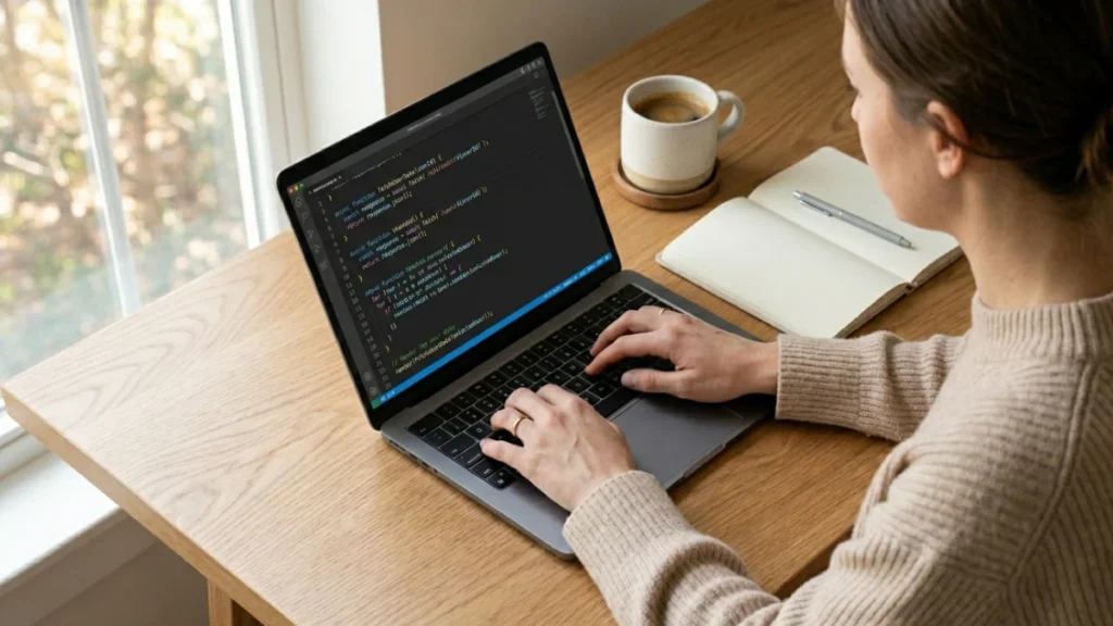 Seorang pemula belajar coding dari nol menggunakan laptop dengan kode di layar di meja kerja minimalis pencahayaan natural.