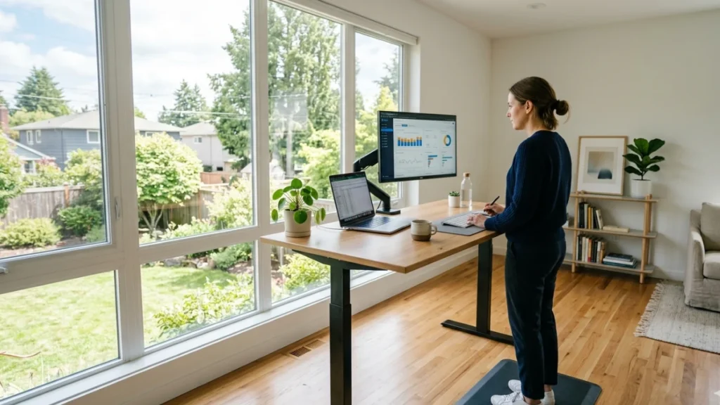 Seorang profesional memantau analytics di monitor sambil berdiri di home office minimalis yang terang sebagai gambaran aktivitas affiliate marketing pemula yang serius.