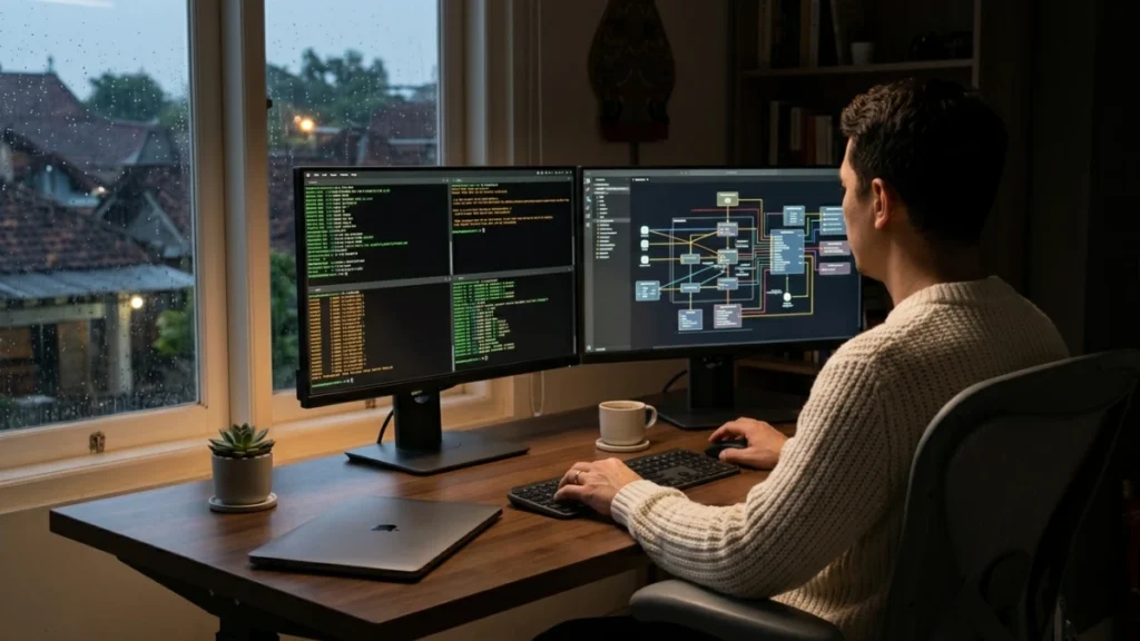 Seorang profesional sedang belajar ethical hacking 2026 di depan dual monitor dengan tampilan terminal dan diagram jaringan dalam ruangan remang sinematik.