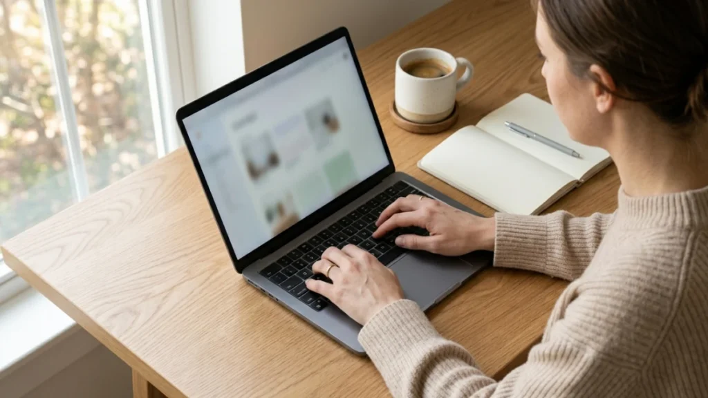 Seseorang belajar dari kursus online worth it menggunakan laptop di meja kerja minimalis dengan pencahayaan natural.