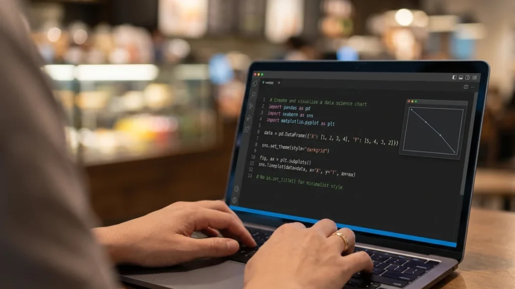 Tampilan dari belakang seseorang sedang mengerjakan kursus machine learning dengan kode Python di layar laptop di suasana cafe yang hangat.