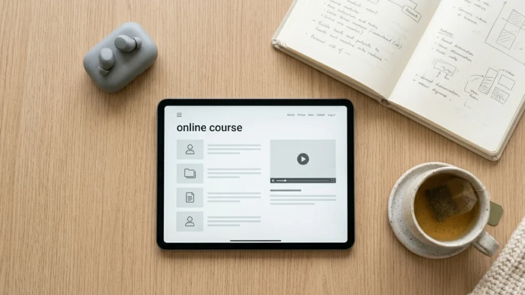 Tampilan flat lay tablet dengan antarmuka kursus online dikelilingi catatan tangan dan earphone sebagai gambaran penggunaan platform belajar online terbaik 2026.