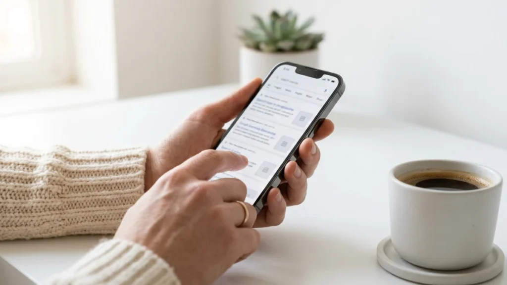 Tangan seseorang scrolling hasil pencarian Google di smartphone saat belajar SEO 2026 di meja putih minimalis dengan cahaya pagi yang lembut.