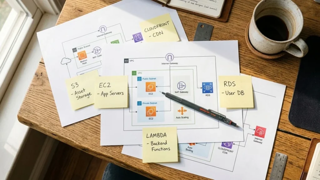 Diagram arsitektur AWS tersebar di meja kerja dengan sticky notes bertuliskan nama layanan, menggambarkan proses belajar AWS cloud untuk pemula secara visual dan terstruktur.
