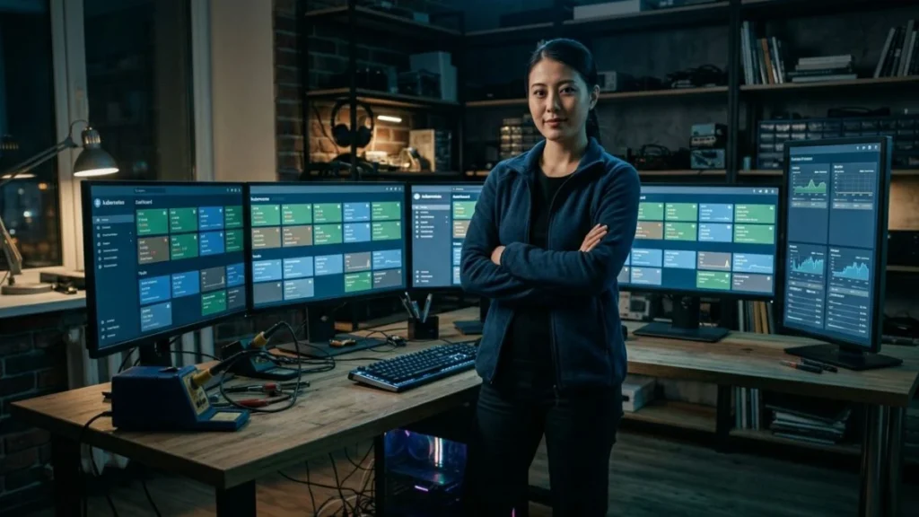 DevOps engineer perempuan berdiri di depan dashboard Kubernetes yang menampilkan pod dan node aktif, menggambarkan proses belajar Kubernetes untuk pemula di lingkungan kerja nyata.