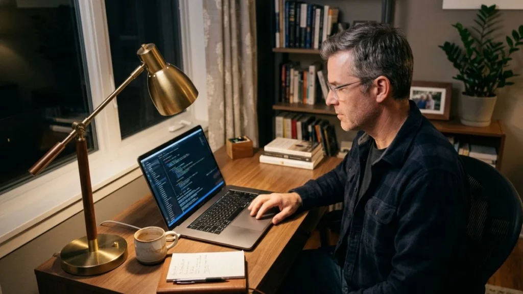Belajar Python dari Nol: Panduan Lengkap untuk Pemula 2026 Pria paruh baya belajar Python dari nol di meja kerja rumah, layar laptop menampilkan kode Python dengan syntax highlighting berwarna.
