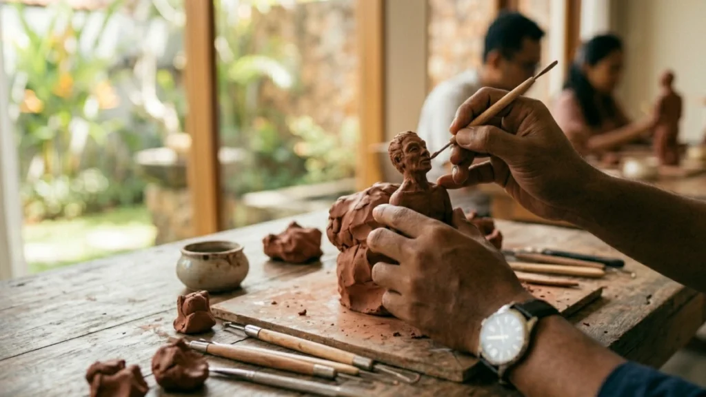 Tangan seniman memahat model sebagai analogi proses belajar Blender 3D modeling pemula 2026 yang dimulai dari bentuk dasar.
