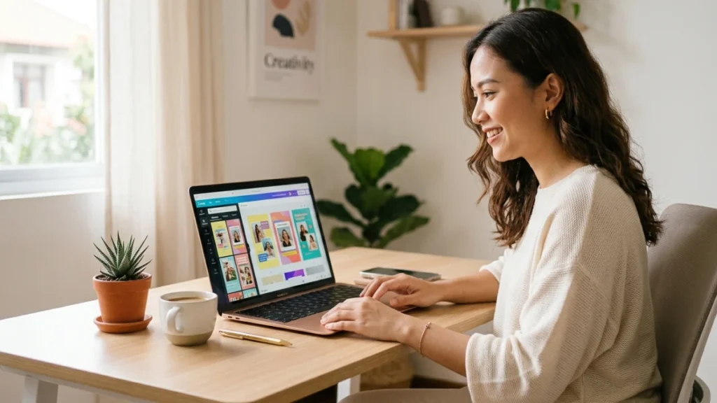 Konten kreator perempuan menggunakan Canva untuk konten kreator di laptop dengan tampilan template desain Instagram yang colorful.