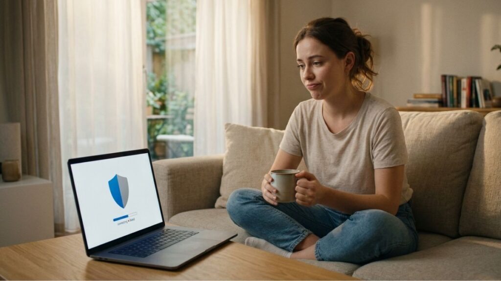 Perempuan muda memahami cara kerja VPN lewat aplikasi di laptop, duduk santai di rumah dengan cahaya natural sore hari dari jendela.