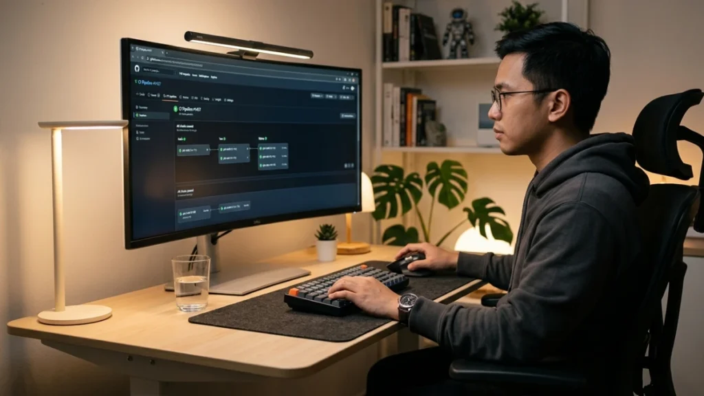 Developer memantau CI/CD pipeline GitHub Actions di monitor dengan tampilan workflow berjalan sukses ditandai checkmark hijau.