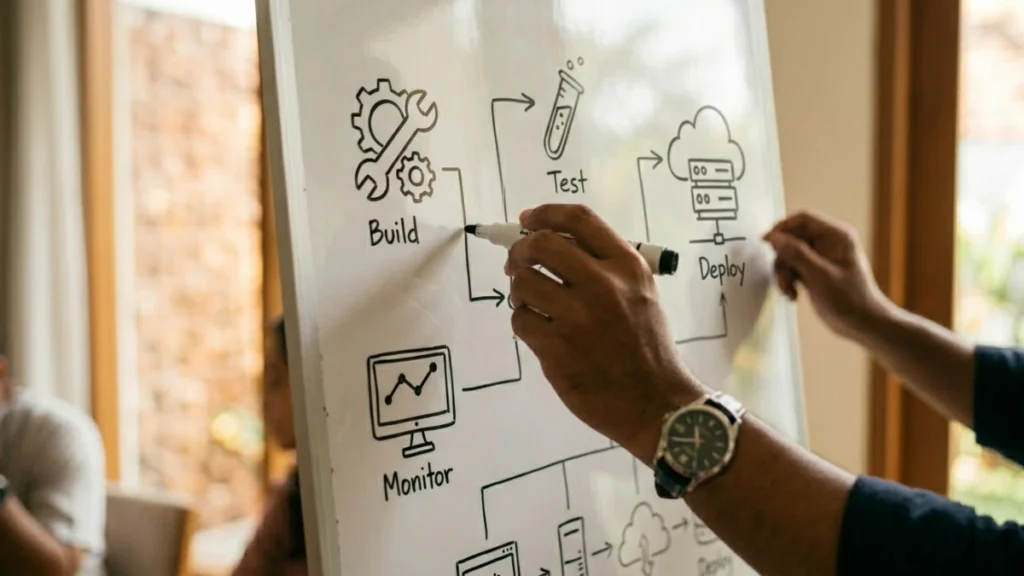 Engineer menggambar diagram DevOps roadmap 2026 di whiteboard dengan tahapan pipeline CI/CD dan infrastruktur cloud.