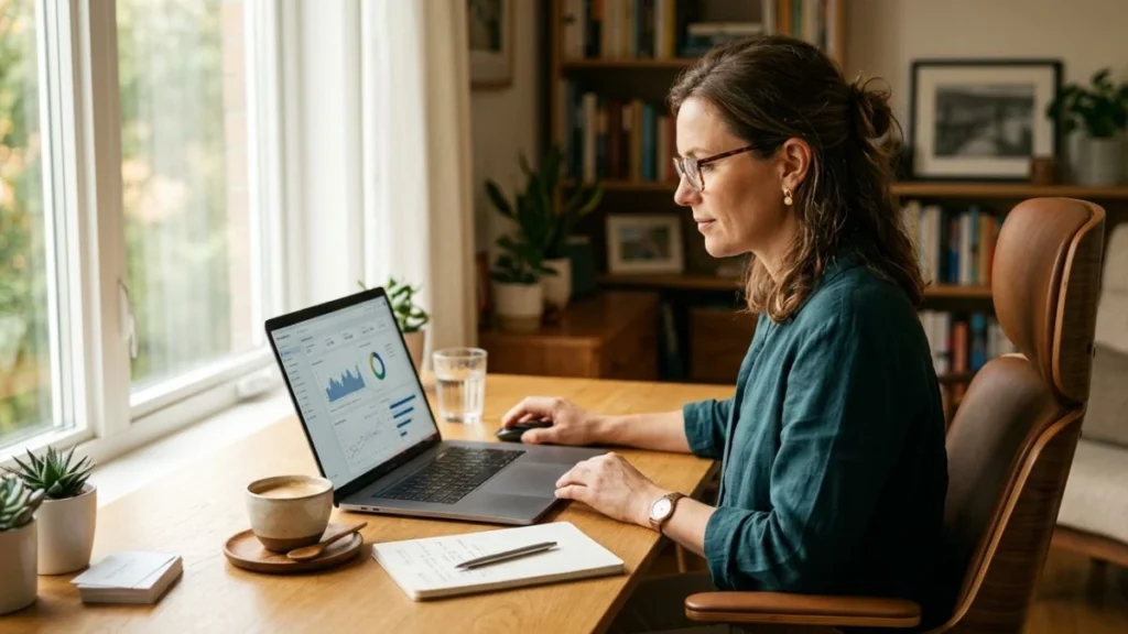 Entrepreneur perempuan paruh baya menganalisis performa kampanye email marketing di laptop dengan suasana kerja pagi yang tenang.