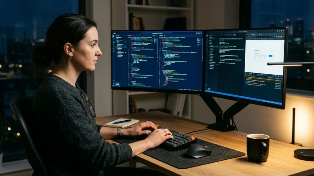 Developer menulis kode JavaScript ES2025 di workspace minimalis dengan dua monitor dan syntax highlighting berwarna.