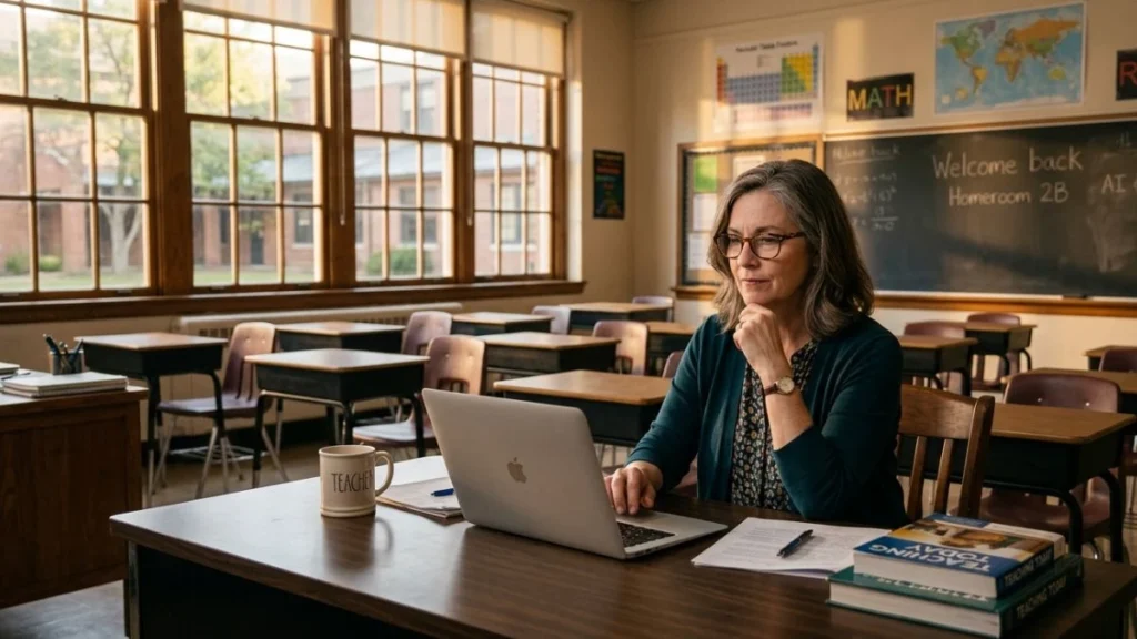 LLM Adalah Apa? Panduan Mudah Memahami Model Bahasa Besar untuk Non-Teknis Guru perempuan paruh baya mencermati output LLM di laptop di dalam kelas kosong, menggambarkan pentingnya memahami cara kerja LLM adalah sebelum mengandalkannya.