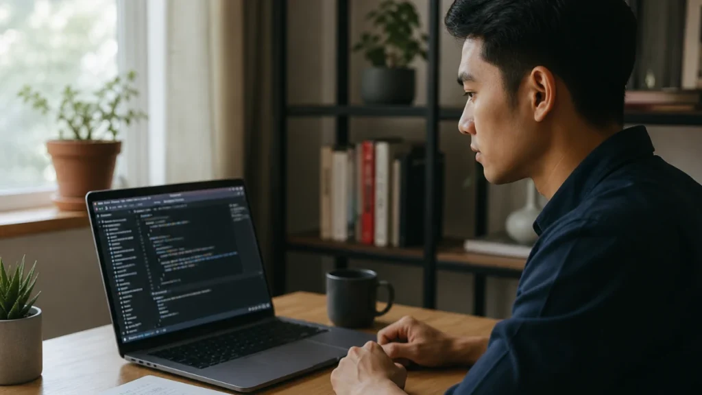 Developer Indonesia berlatih persiapan interview software engineer di depan laptop dengan catatan teknis di meja kerja minimalis.