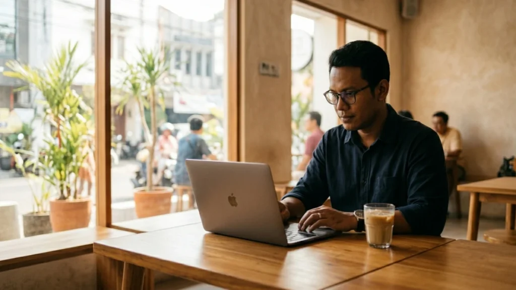 Profesional Indonesia membangun personal branding online 2026 di laptop dalam suasana kerja minimalis yang tenang dan fokus.