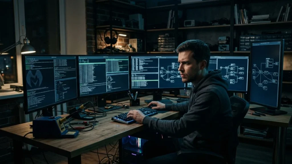 Pemuda belajar di home lab dengan beberapa monitor menampilkan terminal, mempersiapkan diri untuk sertifikasi cybersecurity terbaik seperti OSCP.