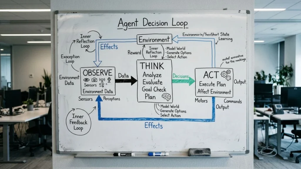 Whiteboard berisi flowchart loop keputusan AI agent dengan kotak think, act, observe yang terhubung panah, menggambarkan cara kerja AI agent adalah sistem yang berpikir dan bertindak secara otonom.