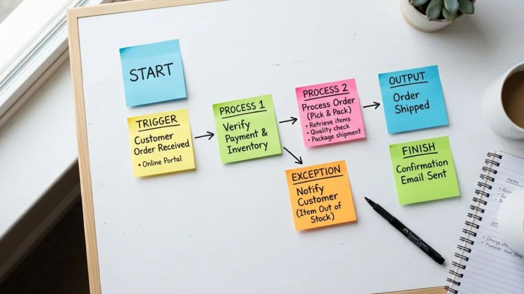 Apa itu AI Automation? Panduan Lengkap untuk Pemula yang Belum Pernah Coding Diagram workflow AI automation adalah yang dibuat dari sticky notes berwarna di atas meja putih, dihubungkan panah tangan yang menggambarkan alur trigger, proses, dan output.