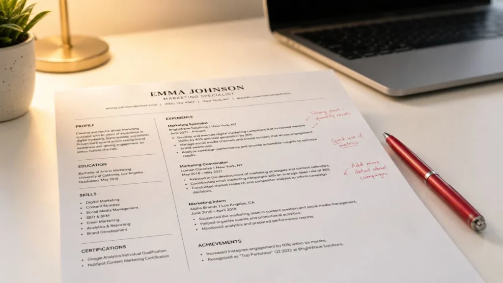Dokumen CV developer tercetak di atas meja putih dengan pena merah dan anotasi tangan di pinggir, menggambarkan proses review cara membuat CV developer yang efektif dan profesional.