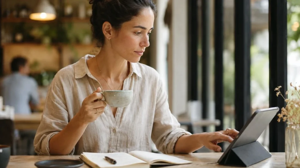 Perempuan awal 30-an membaca hasil riset di tablet sambil memegang kopi di kafe terang, menggambarkan cara pakai Perplexity AI untuk riset yang cepat dan efisien dalam keseharian.