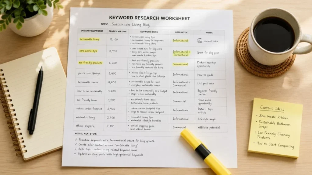 Lembar kerja riset keyword tercetak dengan catatan tangan dan highlighter kuning di atas meja kerja pagi, menggambarkan proses cara riset keyword gratis secara sistematis dan terstruktur.