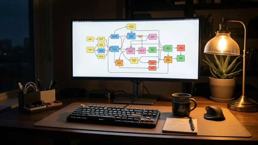 Monitor developer menampilkan diagram node workflow n8n adalah platform automation dengan kotak-kotak berwarna yang saling terhubung di meja kerja malam hari.