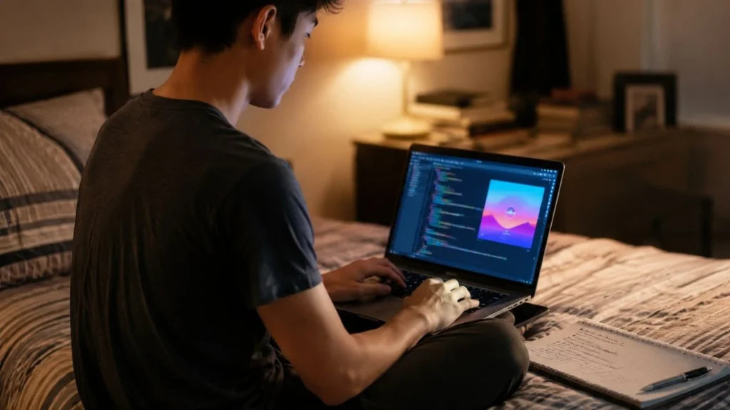 Pemuda belajar coding secara mandiri di kamar dengan laptop menampilkan proyek web, menggambarkan pengalaman belajar yang dibahas dalam review Buildwithangga 2026.