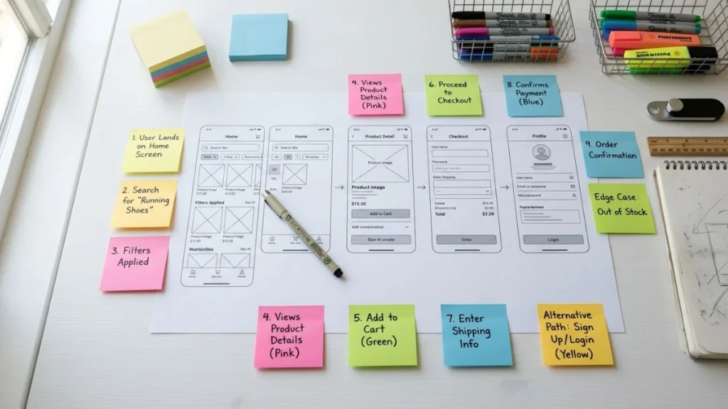 Wireframe tercetak di meja putih dikelilingi sticky notes berwarna berisi anotasi user journey, menggambarkan proses kerja UI UX design adalah yang metodis dan berpusat pada pengguna.