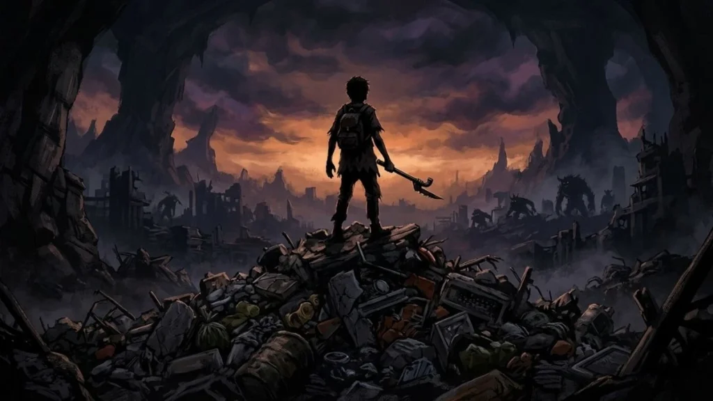 Ilustrasi suasana dunia pembuangan sampah bergaya dark fantasy terkait Gachiakuta Season 2