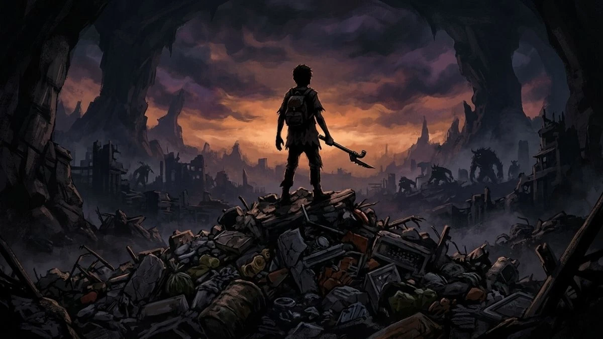 Ilustrasi suasana dunia pembuangan sampah bergaya dark fantasy terkait Gachiakuta Season 2