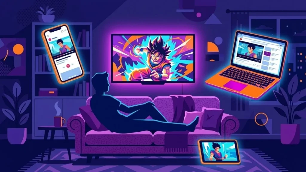Ilustrasi seseorang menonton anime lewat platform streaming legal di berbagai perangkat
