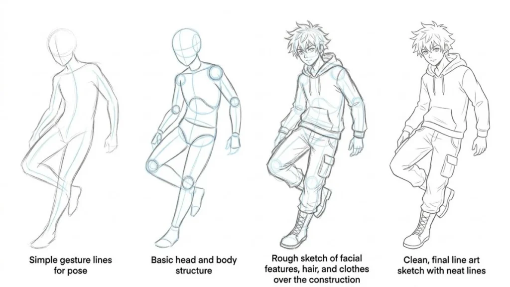 Ilustrasi tahapan cara membuat sketsa anime dari bentuk dasar hingga sketsa bersih