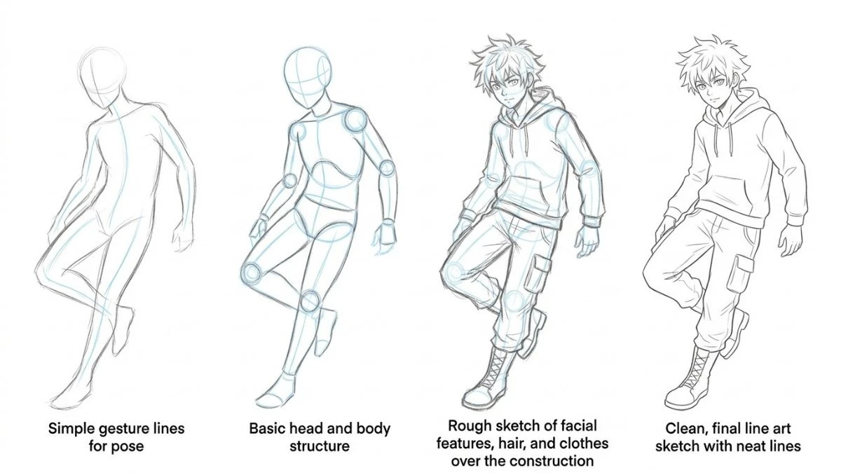 Ilustrasi tahapan cara membuat sketsa anime dari bentuk dasar hingga sketsa bersih